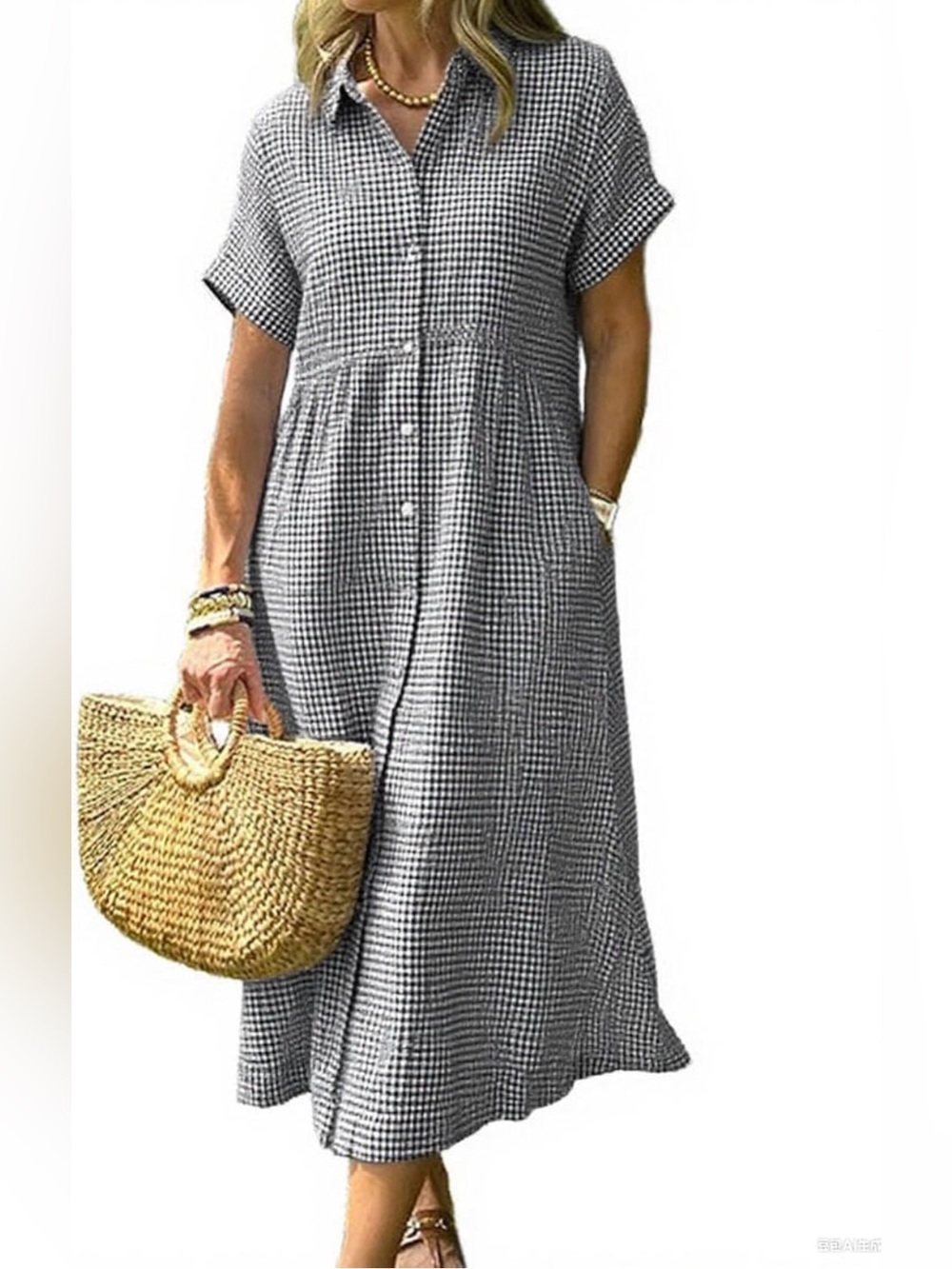 Gingham Button-Front Midi Dress in Black and White 100% cotton